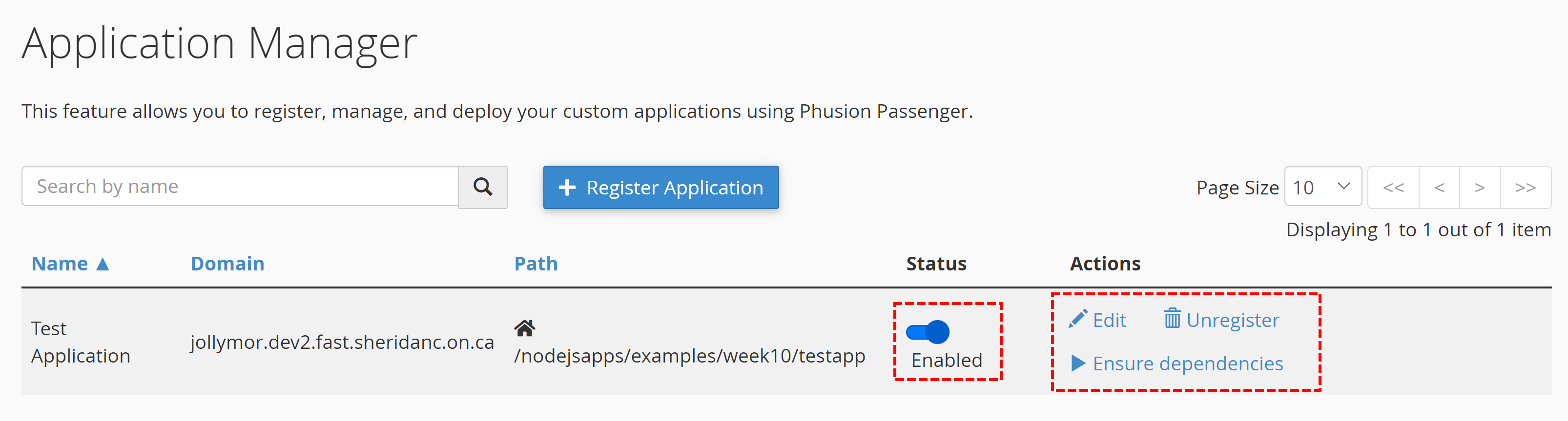 the application appears in the application manager list