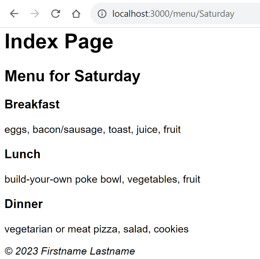 level 3 headings for breakfast/lunch/dinner, each heading shows a paragraph with the contents for that meal item