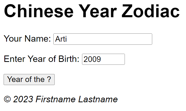 the input form, name entered as Arti, year entered as 2009